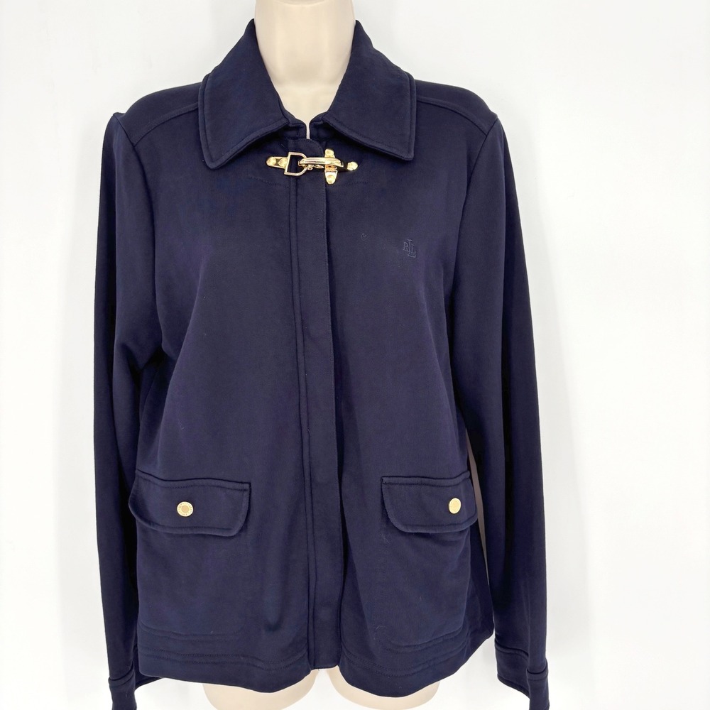 Lauren Ralph Lauren Navy Blue Cotton Knit Utility Jacket Gold Clasp Size L